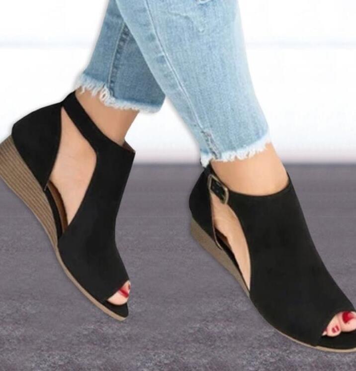 Wedge Buckles Mid Heel Peep Toe Sandal Shoes