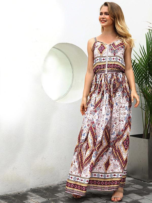 Print Spaghetti Strap Vintage Boho Maxi Dress