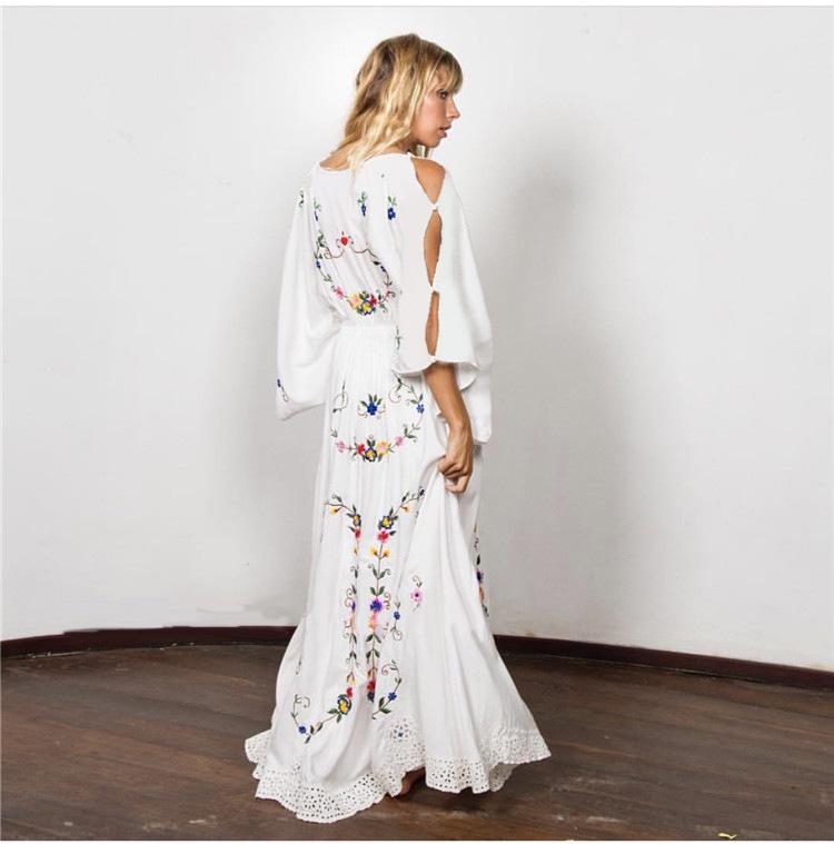 V-neck Color Embroidery Long Sleeve Bohemian Maxi Long Dress