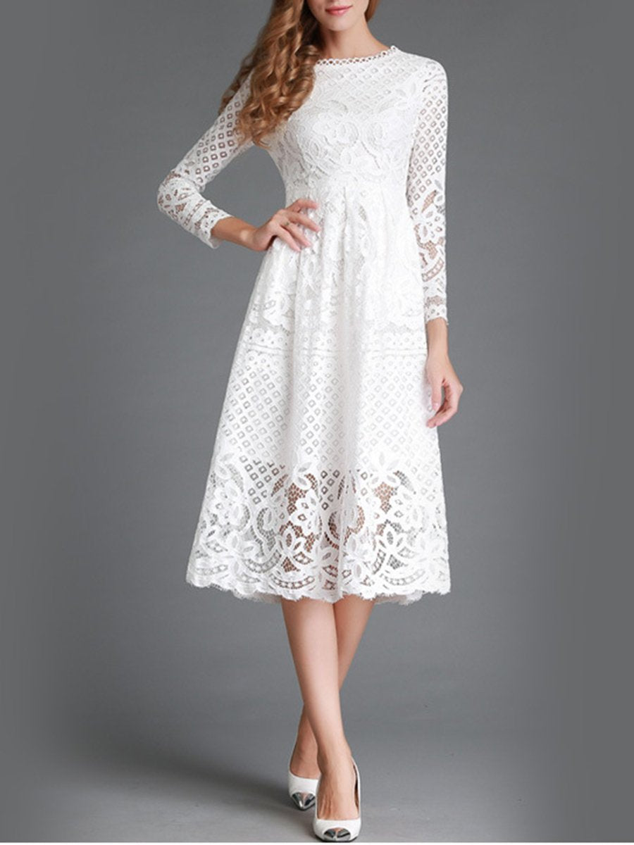 Lace Long Sleeve Hollow Pockets Dress