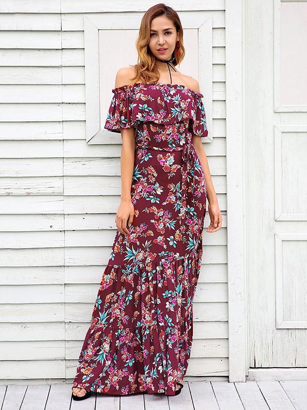 Floral Print Off Shoulder Beach Maxi Dress