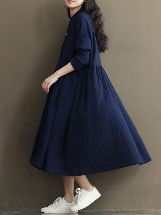 Vintage Button Linen Cotton Long Sleeve Midi Dress