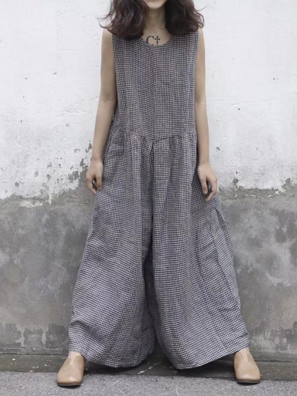 Free Size Linen Cotton Sleeveless Pockets Wide Leg Pants Jumpsuit