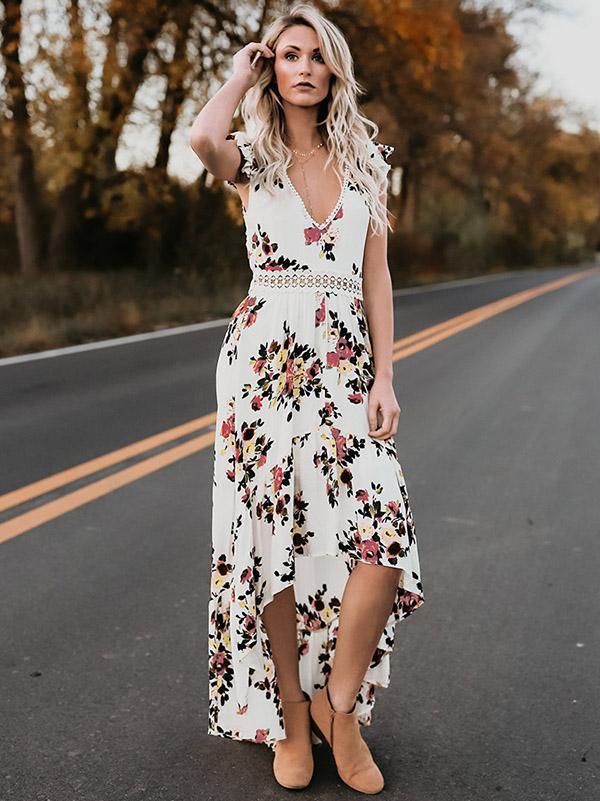 Floral Print V Neck Sleeveless High Waist Irregular Maxi Dress