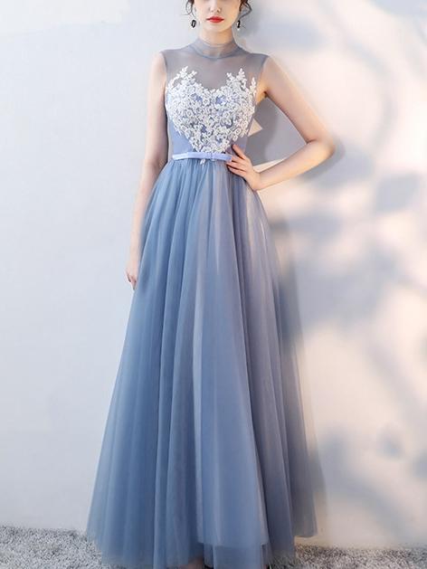 Gray Lace Graduation Bridesmaid  Party Evening Dress