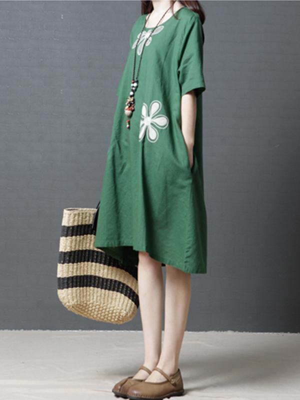 Linen Cotton Short Sleeve Loose Pockets Dress