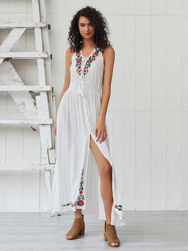 V-neck Embroidered Sleeveless Holiday Dress