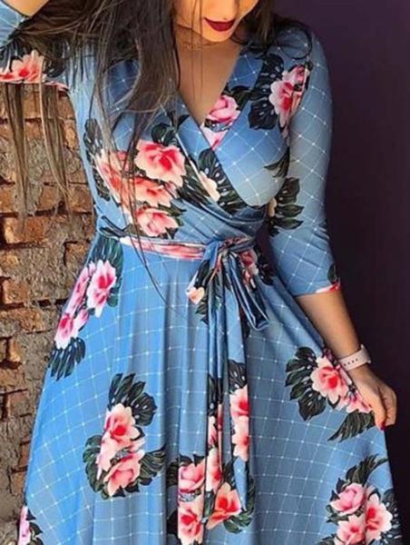 Long Sleeve Floral V Neck Slim Waist Maxi Dress with Belt