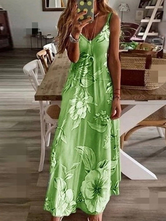 Summer Women Sexy V Neck Spaghetti Strap Beach Maxi Dress