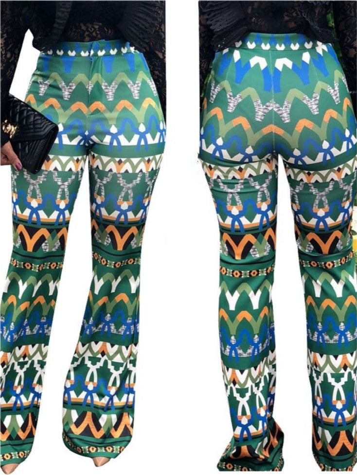 Yt3073 Fashionable Floral Print Green Leisure Pants Women's Printed Micro Trumpet Trousers