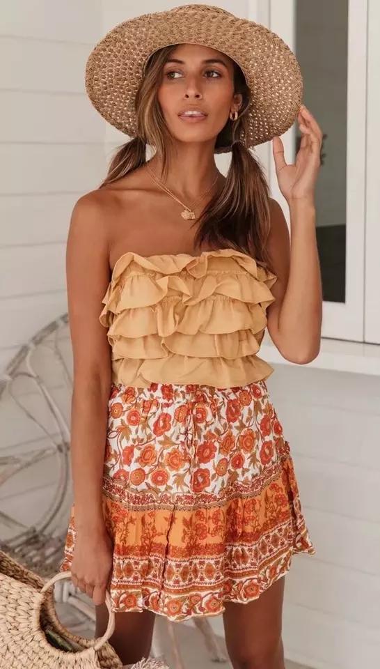 Mini Rok Geel Katoen Bloemenprint Elastische Taille Chic  Beach Boho Casual  Short Skirt