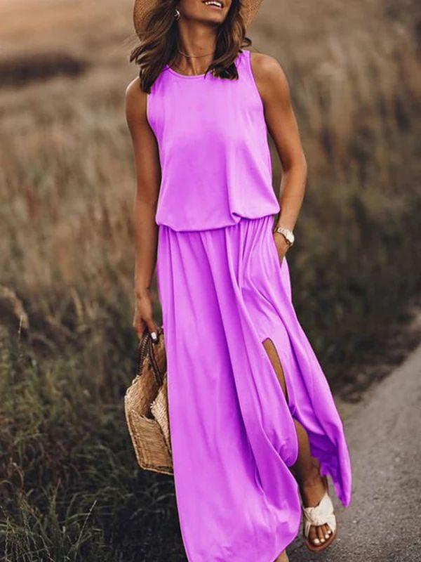 Round Neck Sleeveless Open-style Solid Dress