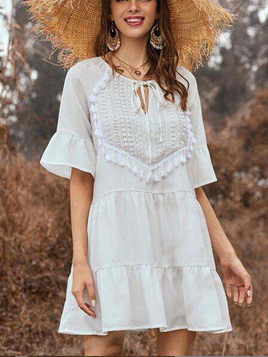 Spring and Summer Solid Color Stitching Flounce Fringed Neckline Lace Trumpet Sleeve Dress