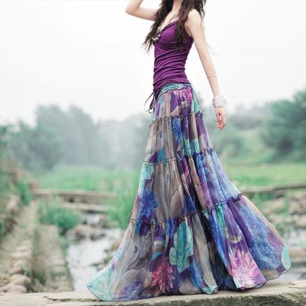 Bohemian Floral Printed Mid-Calf Pleated Chiffon Skirt