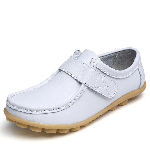 Soft Leather Pure Color Hook Loop Flat Comfortable Loafers