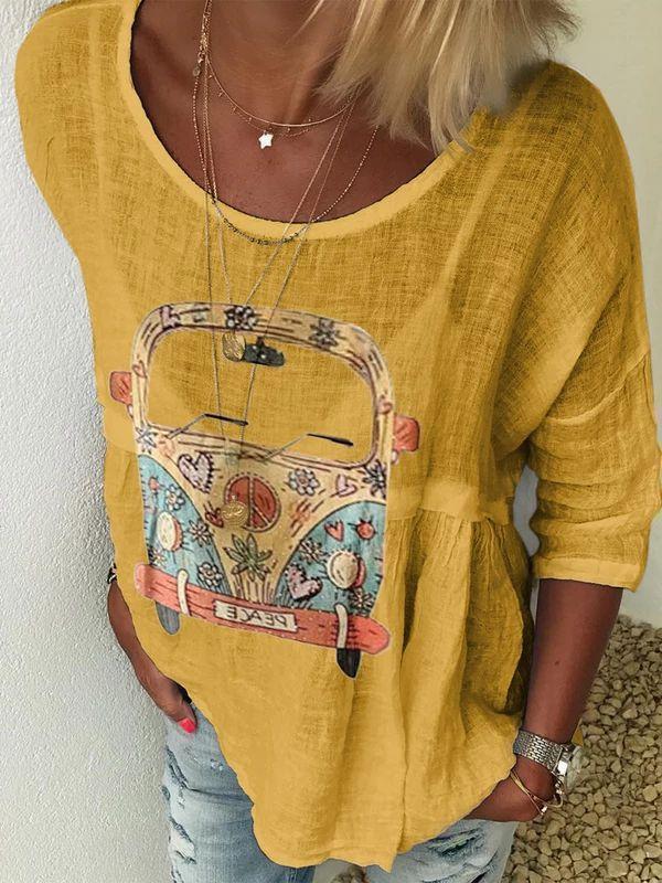 Autumn T-shirt with Round Collar Printing