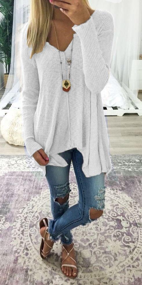 V Neck Long Sleeve Irregular T Shirt Tops