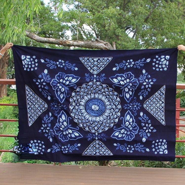 Tie Dyed TableCloth Handmade Blue Dyed Fabric Bed Sheet Ethnic Style Square Row Fish TableCloth