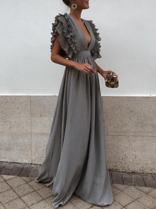 Solid Color Deep V Neck Backless Maxi Dress