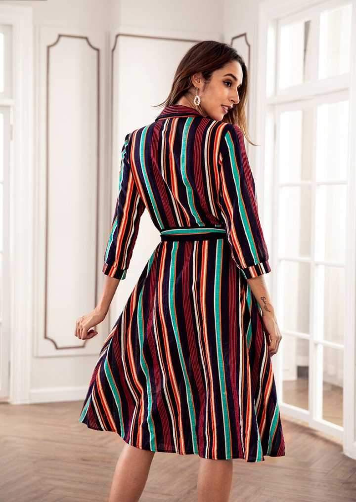 Spring Casual Stripes Lapel Shirt Midi Dress