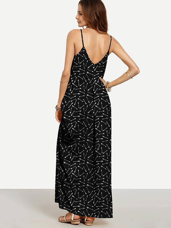 Cool Black Bohemia Spaghetti Straps V Neck Maxi Dress