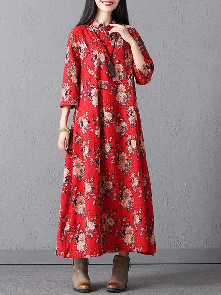 Casual Loose Floral Printed Stand Collar Women Dresses