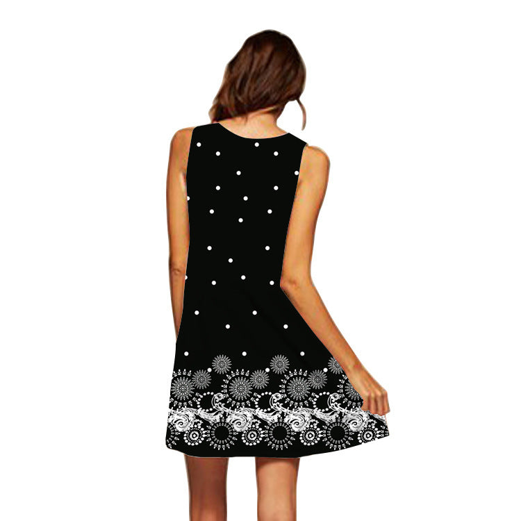 Summer New Style Retro Art Print Round Neck Pullover Sleeveless Dress