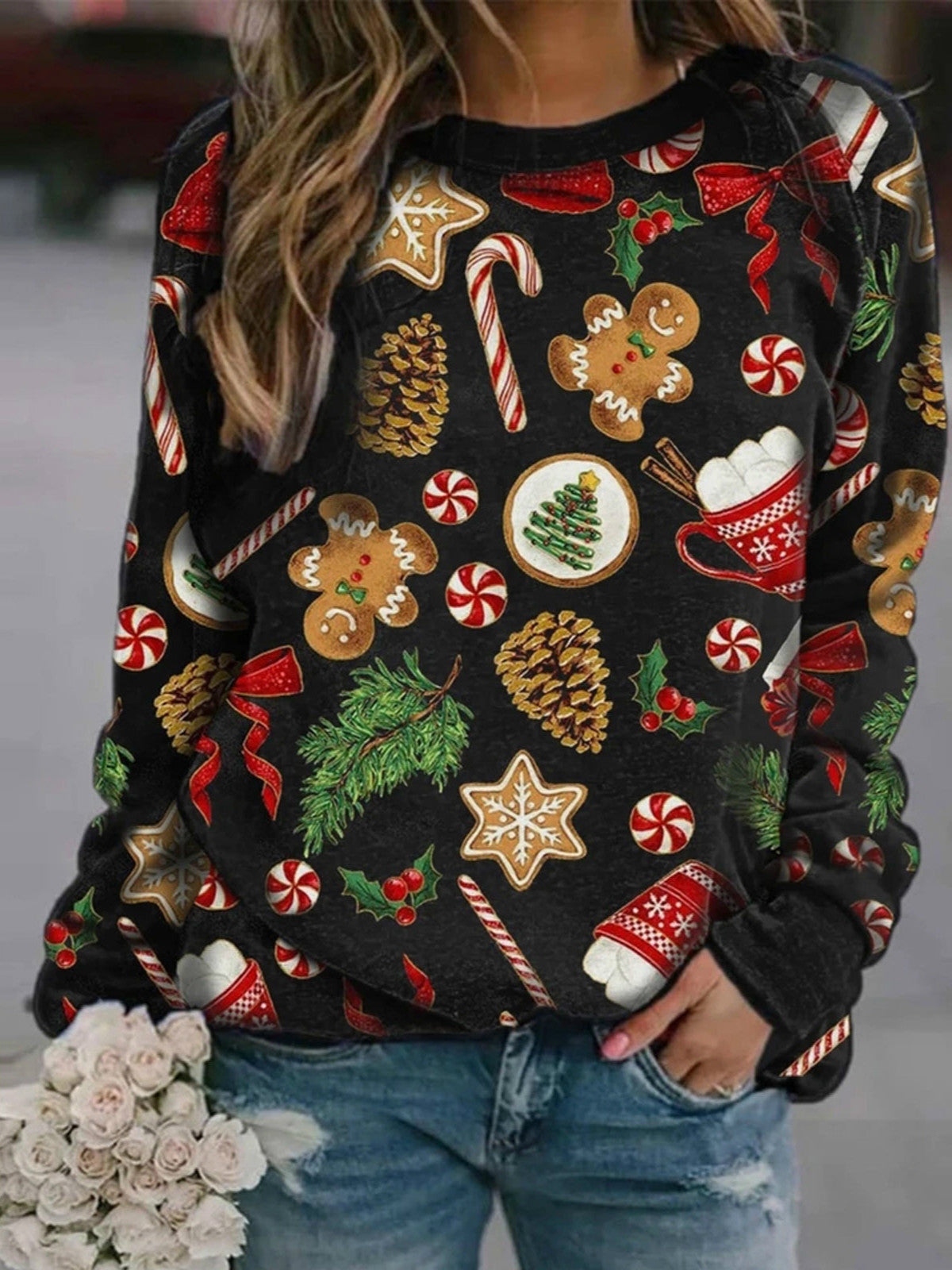 Christmas Women's Printed Round Neck Long Sleeve Fleece Sweater