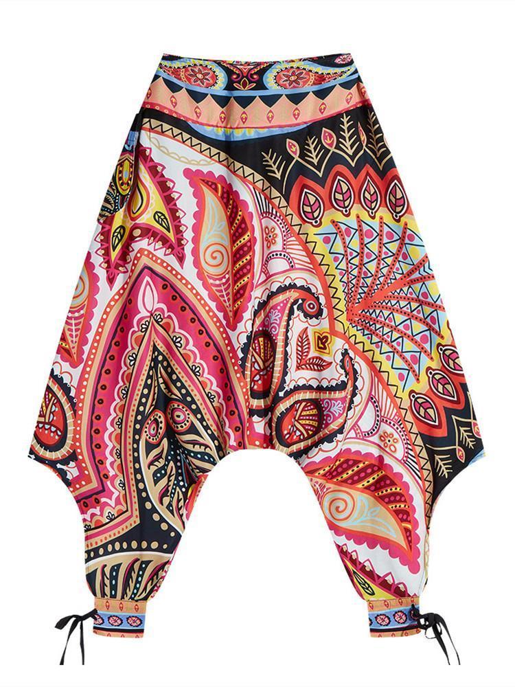 Women's Bohemian Digital Print Bottom with High Waist Showing Thin and Loose Waisted Lantern Pants