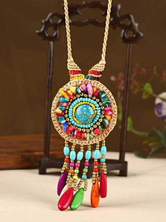 Hand-woven Folk Style Tibet Turquoise Spike Long Necklace