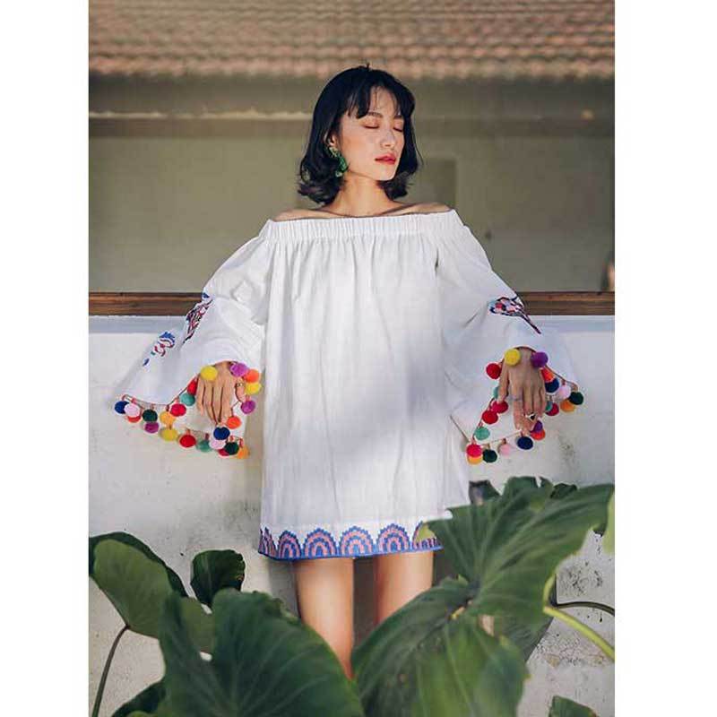 Pom Pom Off Shoulder Long Sleeve Embroidery Summer Mini Dress