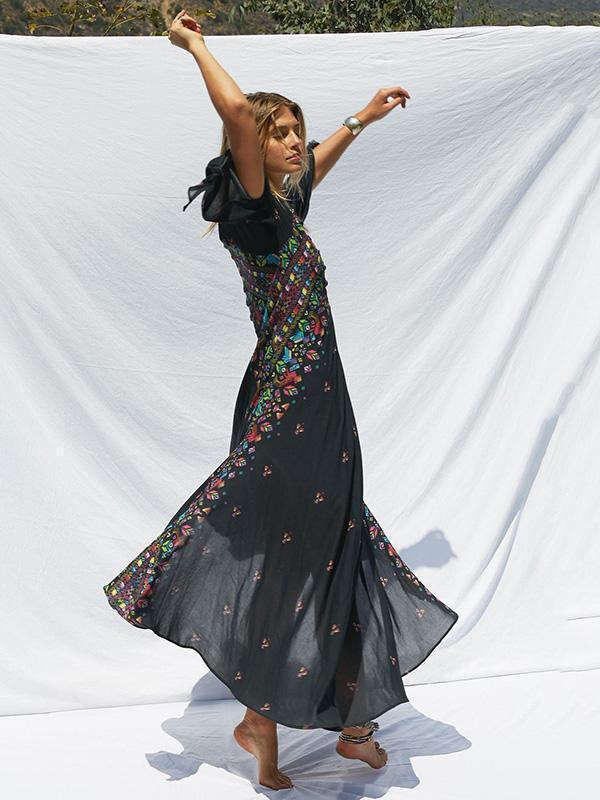 New PRINT DEEP V NECK BOHEMIA BEACH MAXI DRESS