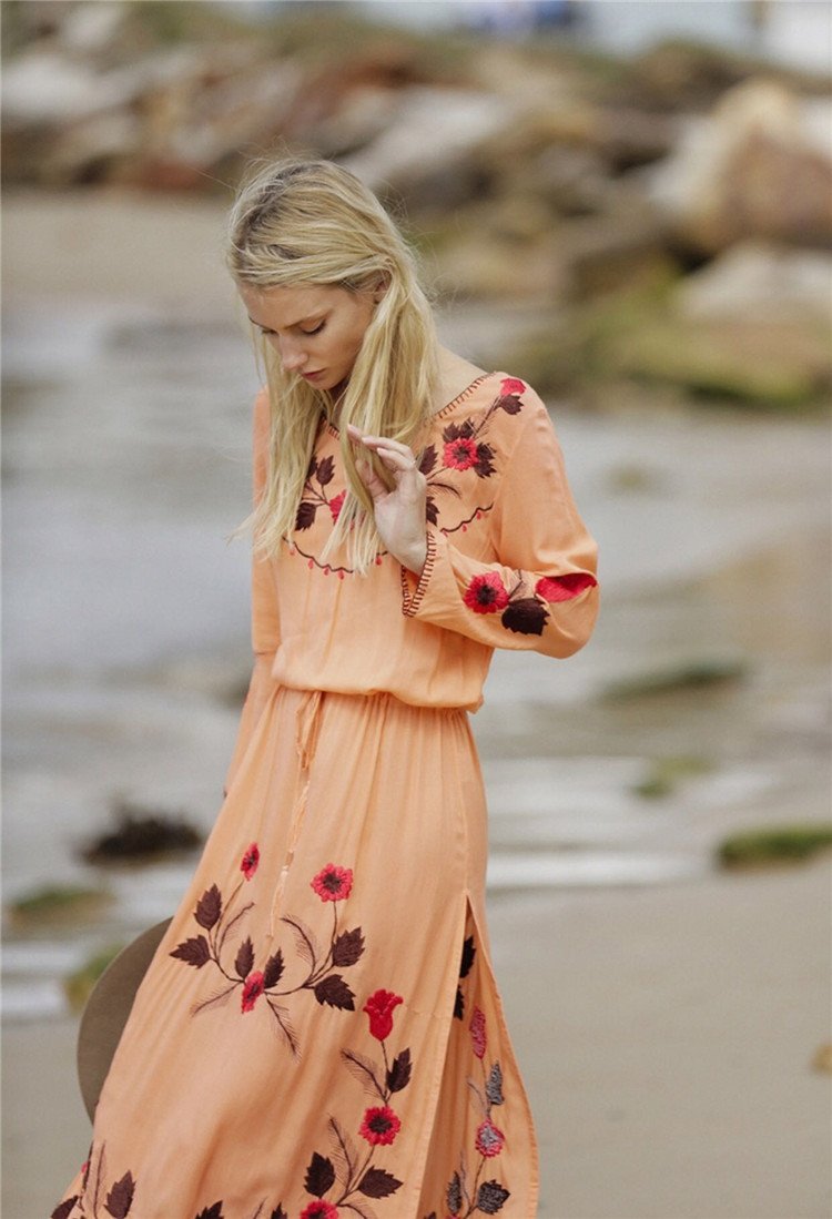 Floral Long Sleeve Split Beach Maxi Dress