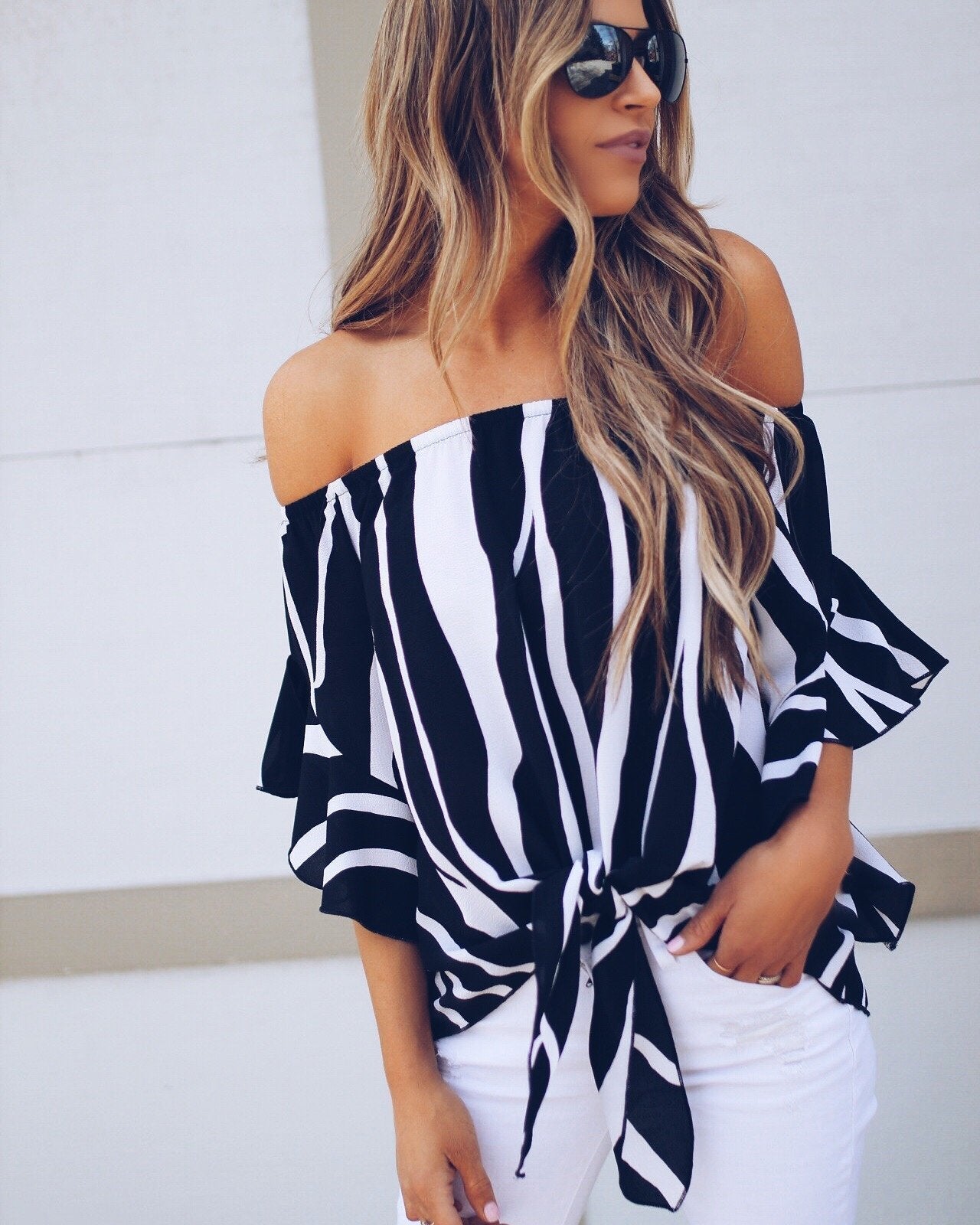 Stripe Off Shoulder Trumpet Sleeve Tops Shirt Blouses