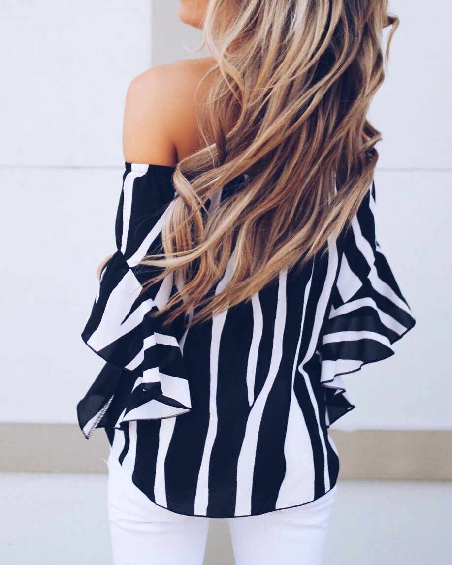 Stripe Off Shoulder Trumpet Sleeve Tops Shirt Blouses