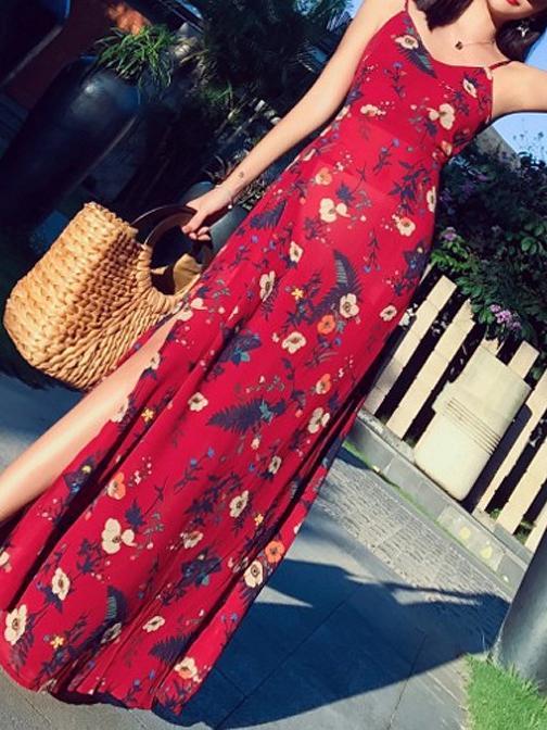 2018 Summer Floral Print Spaghetti Strap Side Split Beach Maxi Dress
