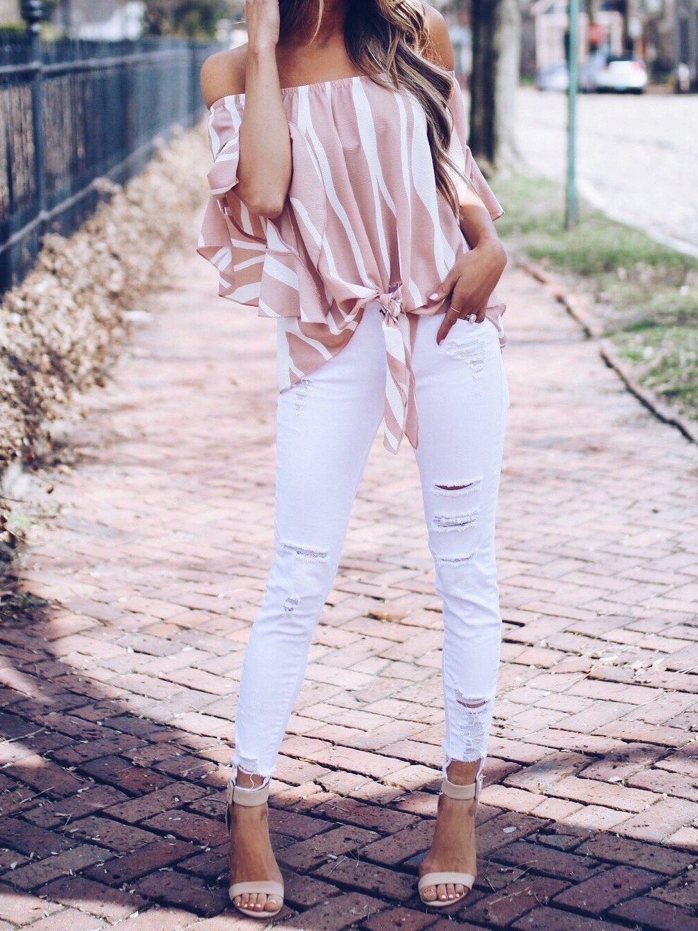 Stripe Off Shoulder Trumpet Sleeve Tops Shirt Blouses