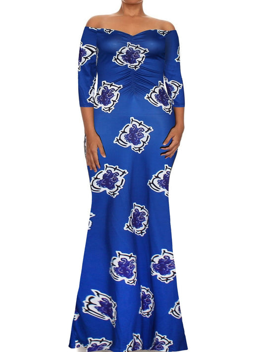 Print Off Shoulder Long Sleeve Evening Gown Maxi Long Dress