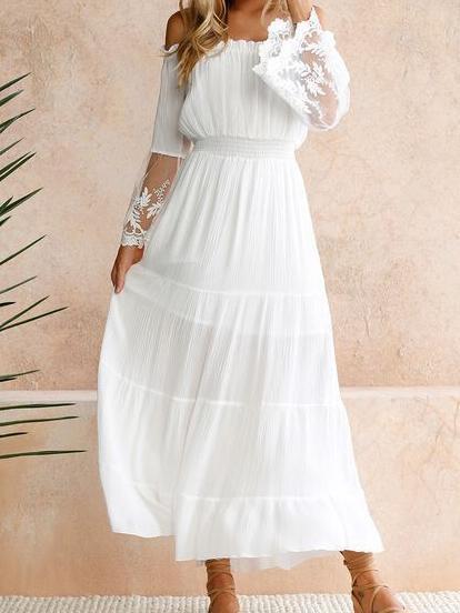 White Off Shoulder Long Sleeve Beach Maxi Dress