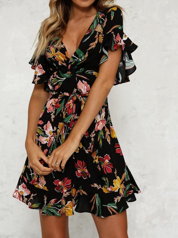 Summer Floral Print V Neck Short Sleeve Mini Dress