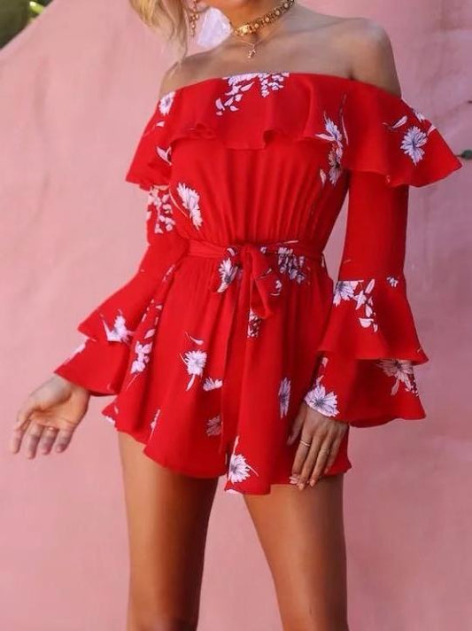 Off Shoulder Long Bell Sleeve Belted Short Jumpsuit Rompers