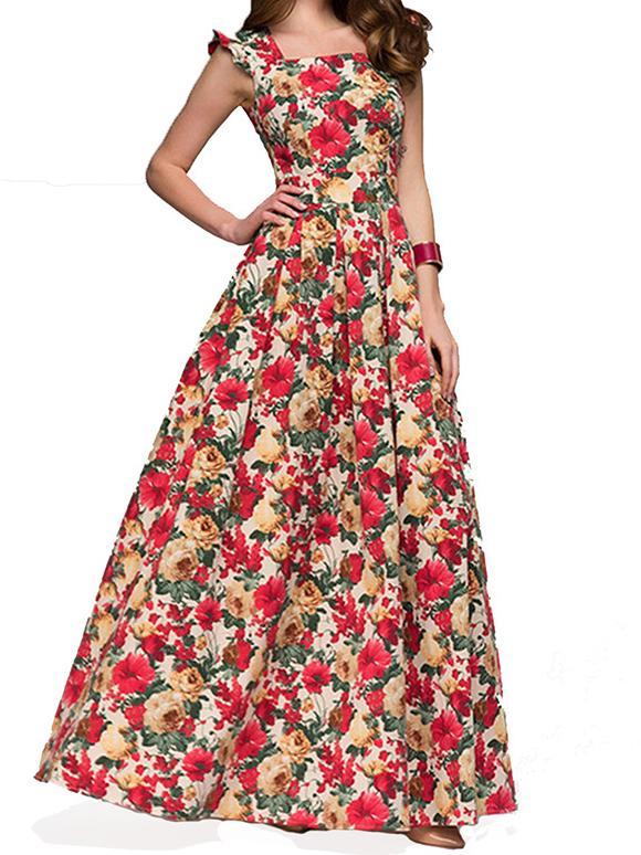 Vintage Flower Sleeveless Swing Maxi Dress