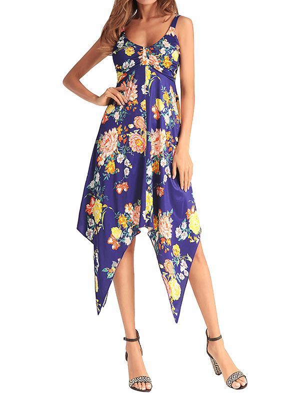 2018 New Printed Spaghetti Strap V Neck Sleeveless Irregular Dress