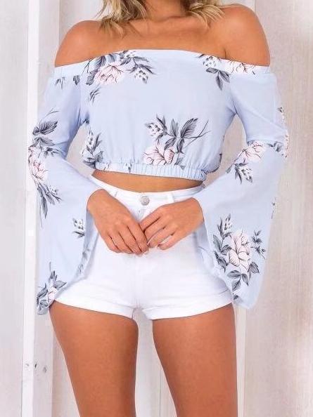 Off Shoulder Print Long Sleeve Casual Tops Shirts Blouse