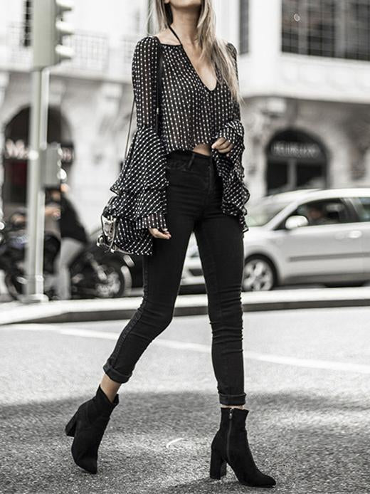 New V Neck Long Trumpet Sleeve T Shirt Tops Blouse