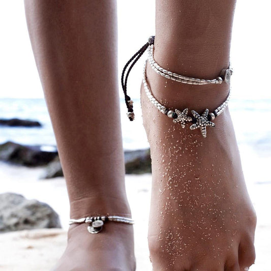 Retro style starfish runes Om yoga pendant anklet