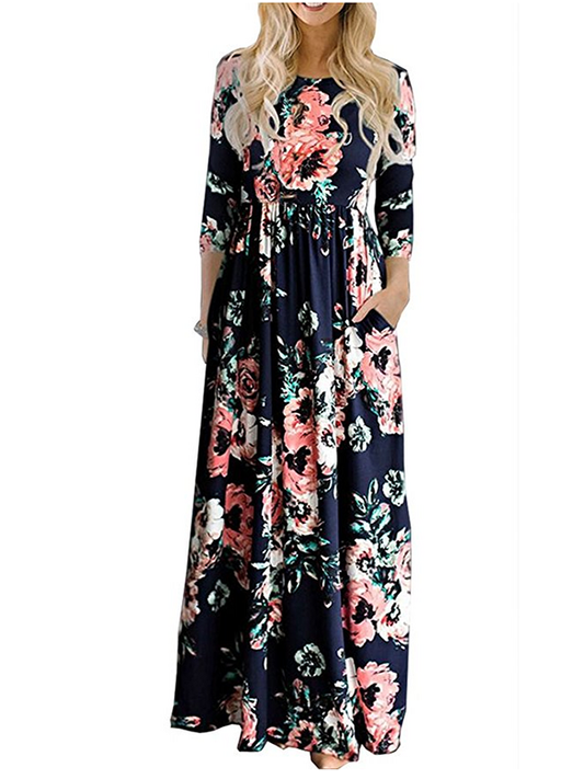 Women s Spring Fashion Printed Flower Floor-length Dress