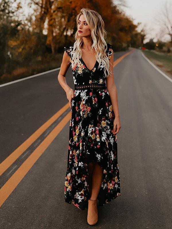 Floral Print V Neck Sleeveless High Waist Irregular Maxi Dress