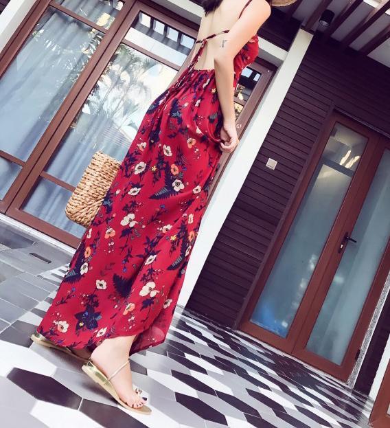 2018 Summer Floral Print Spaghetti Strap Side Split Beach Maxi Dress