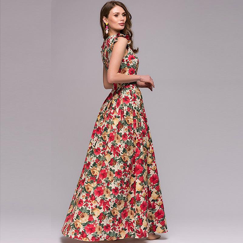 Vintage Flower Sleeveless Swing Maxi Dress